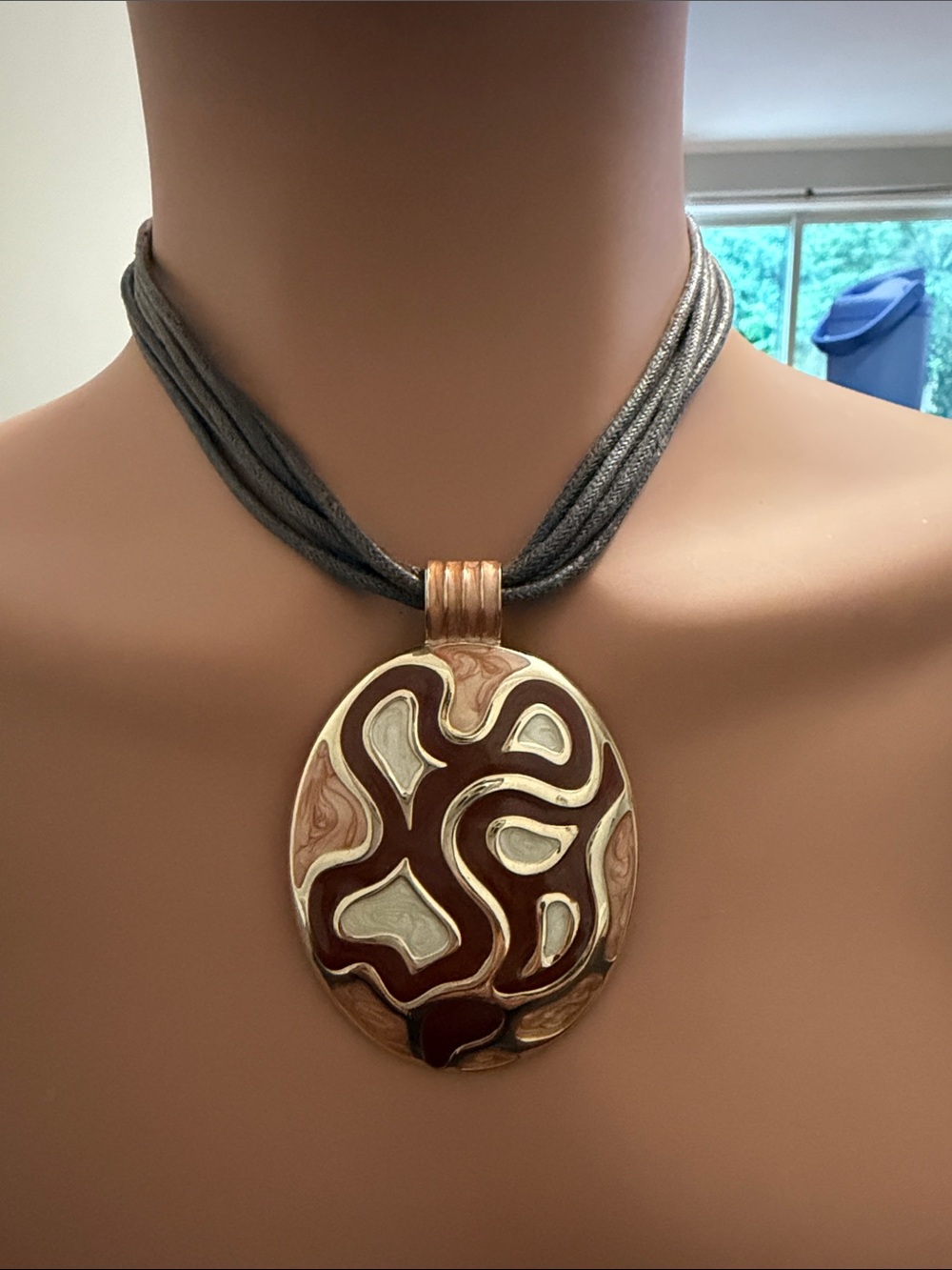 Source Unknown Copper-Tone Oval Pendant Necklace with Brown and Cream Enamel
